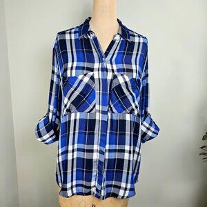 Express Coastal Academian Blue Plaid Roll-Tab Shirt Small